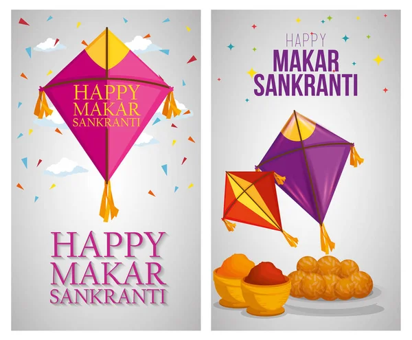 Definir pipas e alimentos para celebrar makar sankranti — Vetor de Stock