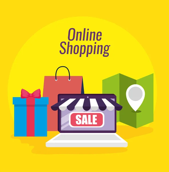 Online alışveriş ve dizüstü e-ticaret teknoloji — Stok Vektör