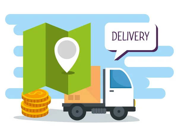 Belanja online dan pengiriman dengan lokasi dan koin - Stok Vektor
