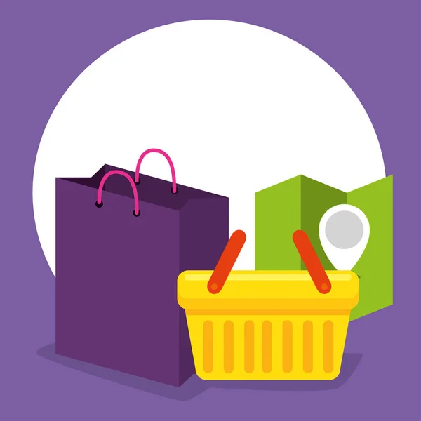 Comprar cesta en línea con ubicación y venta — Vector de stock