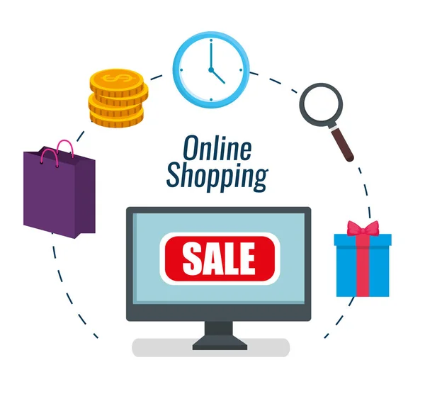 Computer-E-Commerce auf Online-Shopping einstellen — Stockvektor