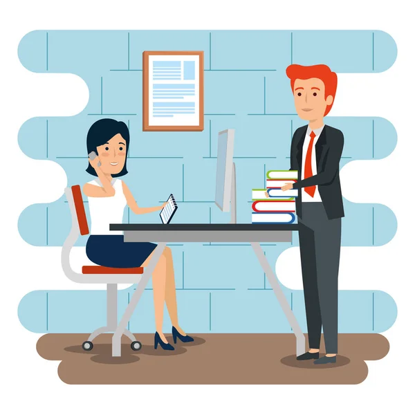 Businessman and businesswoman in the office with books plan — Stock Vector
