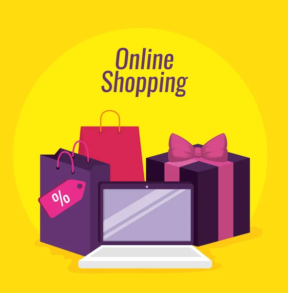 Online shopping med laptop och paket med väskor — Stock vektor