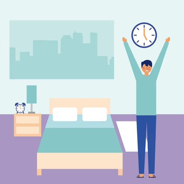 Man stretching waking up in the room — Stock Vector