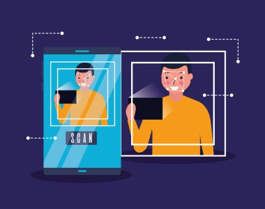Adam yüz tarama biyometrik dijital teknoloji vektör çizim