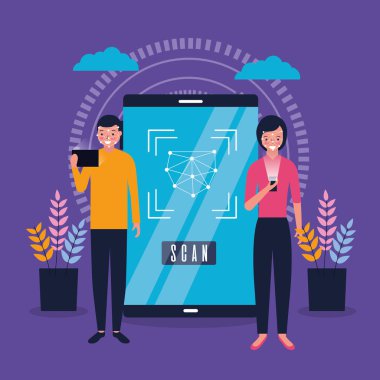 Erkek ve kadın mobil yüz tarama ile