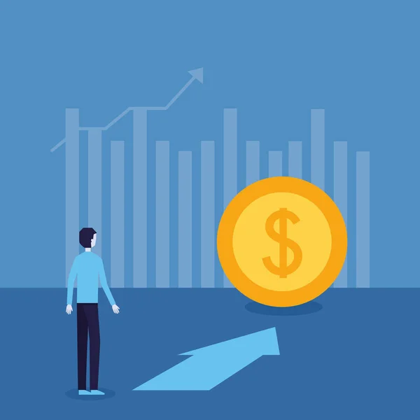Businessman Success Coin Arrow Top Financial Progress Vector Illustration — Stock Vector
