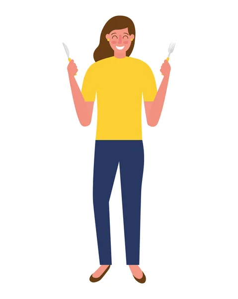 Woman holding fork and knife — Stock Vector