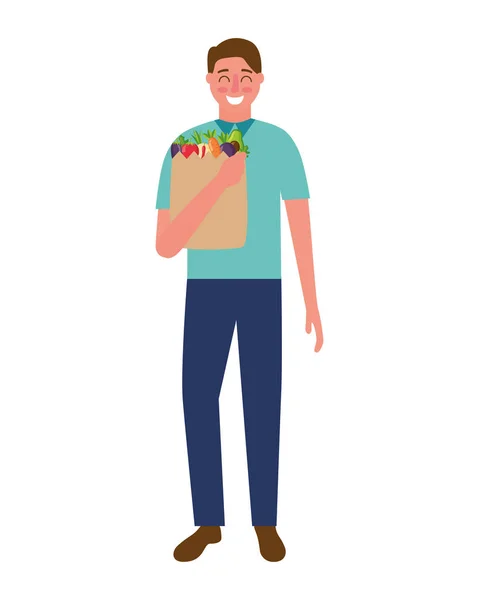 Hombre con bolsa de comestibles comida saludable — Vector de stock
