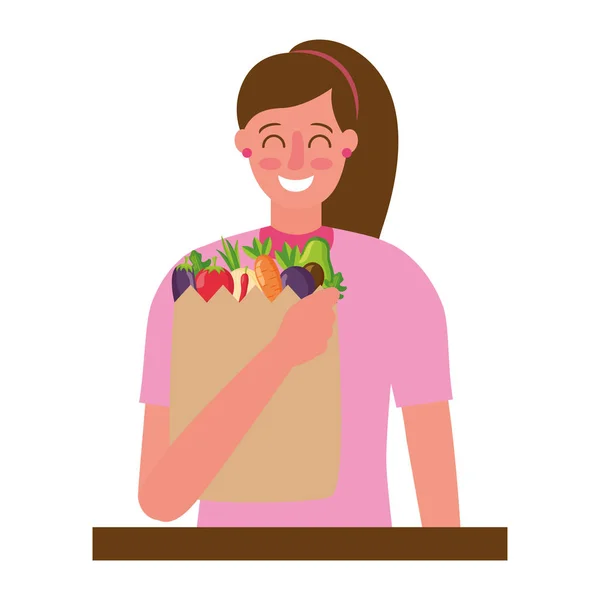 Женщина с сумкой продуктовый здоровое питание — стоковый вектор