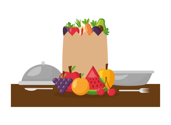 Comida sana bolsa de comestibles frutas verduras plato — Vector de stock