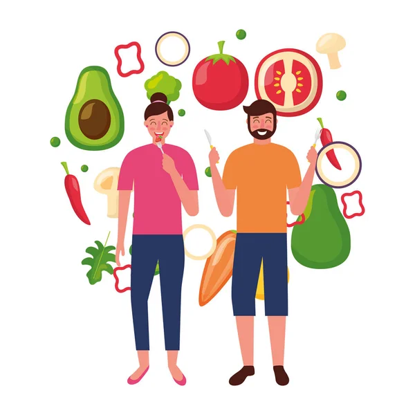 Kobieta i mężczyzna z warzyw zdrowe jedzenie — Wektor stockowy