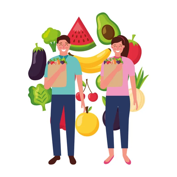 Férfi és nő a táskát az élelmiszer egészséges élelmiszer — Stock Vector