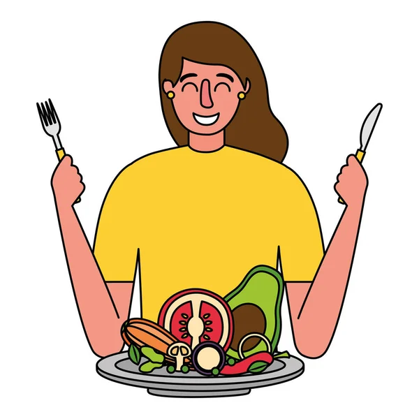 Mujer con tenedor y cuchillo vegetal comida saludable — Vector de stock