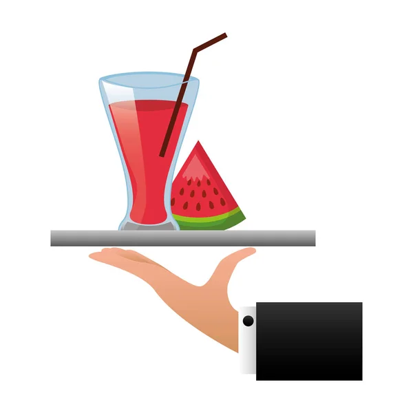 Plateau main tasse de jus de pastèque avec de la paille — Image vectorielle