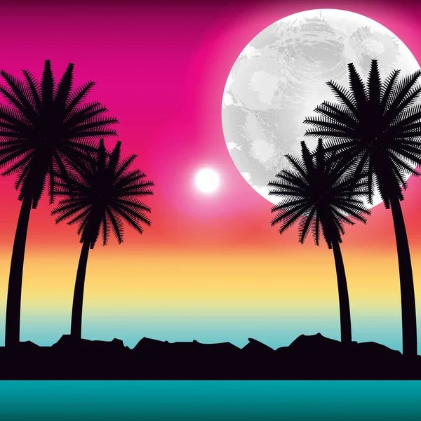 Tropikal plaj avuç içi okyanus sahne moon