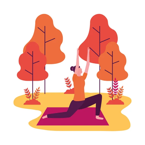 Femme pratiquant le yoga sur tapis dans le parc — Image vectorielle