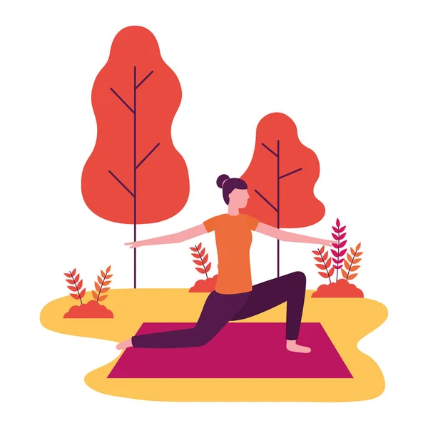 Žena cvičí jógu na rohoži v parku — Stockový vektor