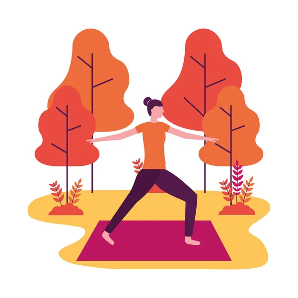 Femme pratiquant le yoga sur tapis dans le parc — Image vectorielle