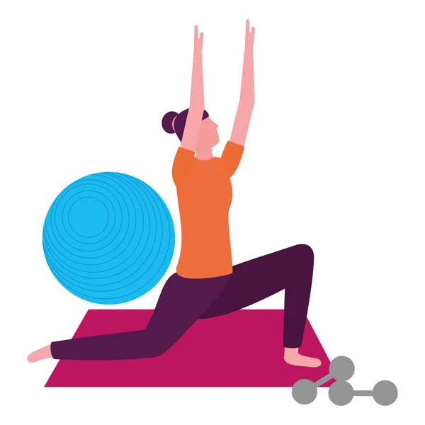 Woman making yoga with mat and dumbbells — Stock Vector