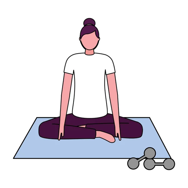 Mujer haciendo yoga con esterilla y mancuernas — Vector de stock