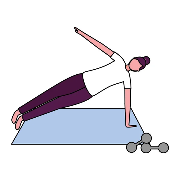 Femme faisant du yoga avec tapis et haltères — Image vectorielle