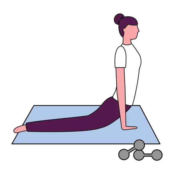 Frau macht Yoga mit Matte und Hanteln — Stockvektor