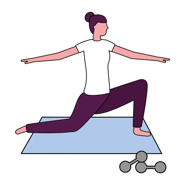 Vrouw maken van yoga met mat en halters — Stockvector