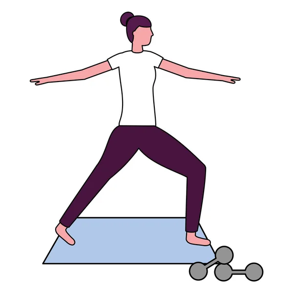 woman making yoga with mat and dumbbells