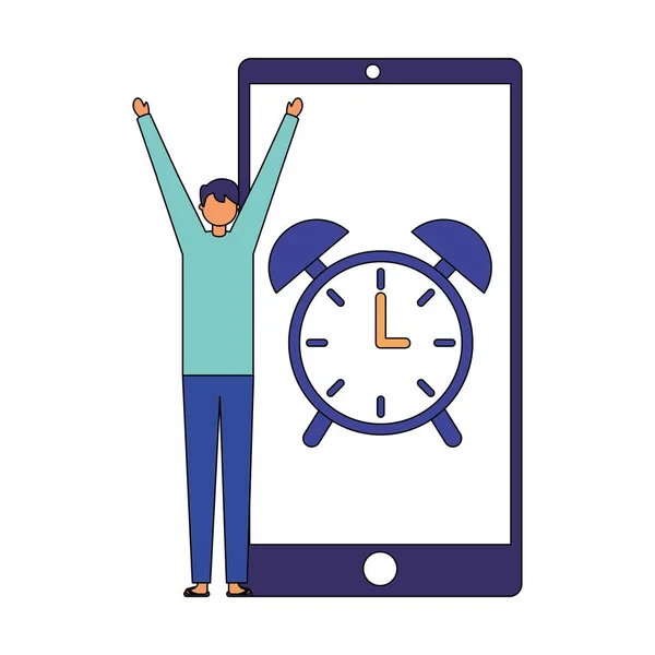 Hombre despierta alarma reloj móvil — Vector de stock