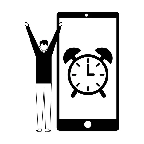 Homem Acordar Móvel Relógio Alarme Vetor Ilustração — Vetor de Stock