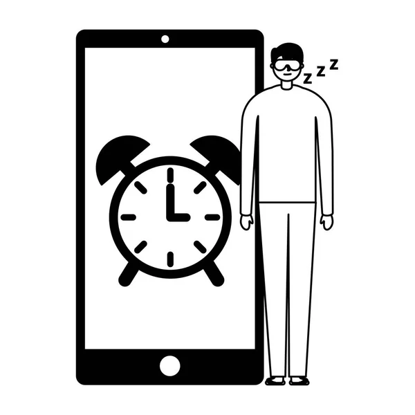 Hombre durmiendo alarma reloj móvil — Vector de stock