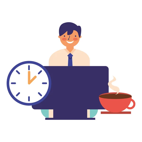 Affärsman som arbetar datorklocka och kaffe — Stock vektor