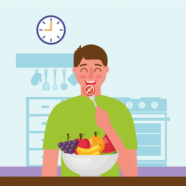 Hombre feliz comiendo en la cocina — Vector de stock