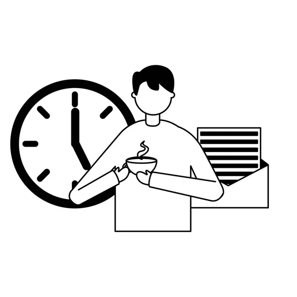 Empresário segurando café com relógio e e-mail — Vetor de Stock