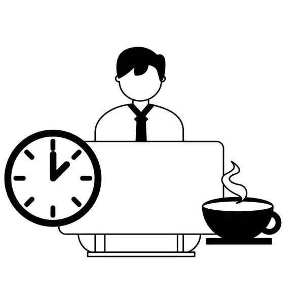 Működik Számítógép Óráját Kávé Vektoros Illusztráció Üzletember — Stock Vector