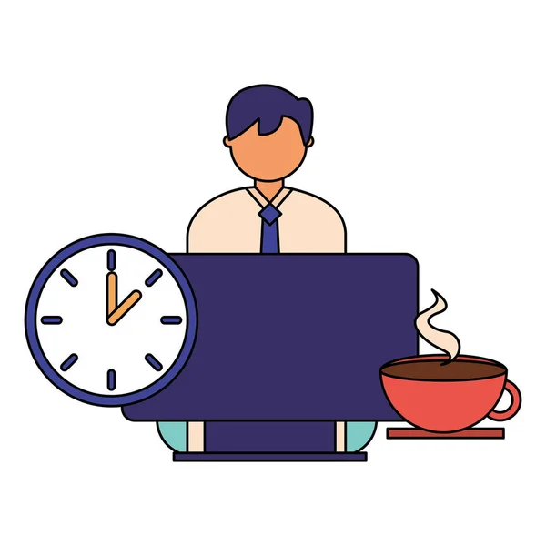 コンピューターの時計とコーヒーを働くビジネスマン — ストックベクタ