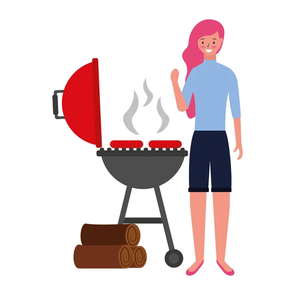 Donna con salsicce barbecue e legno — Vettoriale Stock