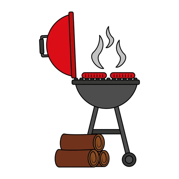 Parrilla salchichas barbacoa y troncos de madera — Vector de stock