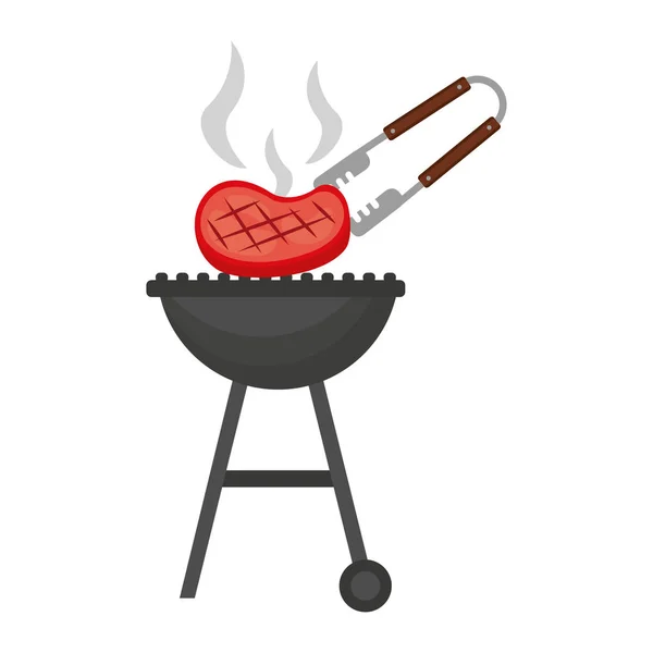 Parrilla barbacoa con carne y pinzas — Vector de stock