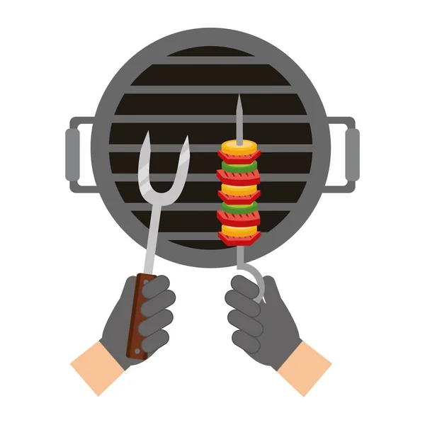 Manos con kebab y tenedor parrilla barbacoa — Vector de stock