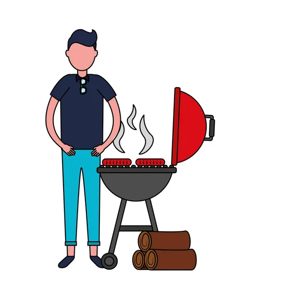 Uomo conbarbecue salsicce e legno — Vettoriale Stock