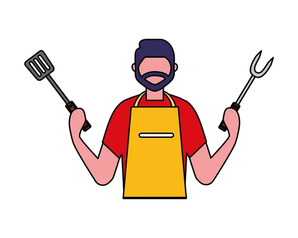 Hombre sosteniendo tenedor y espátula — Vector de stock