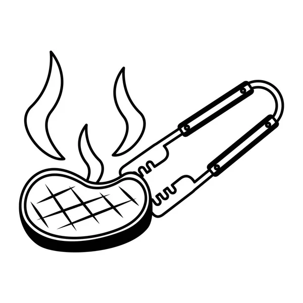 Barbecue tongs with meat steak — Stock Vector