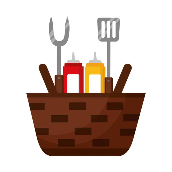 Cesta de mimbre salsas y utensilios barbacoa — Vector de stock