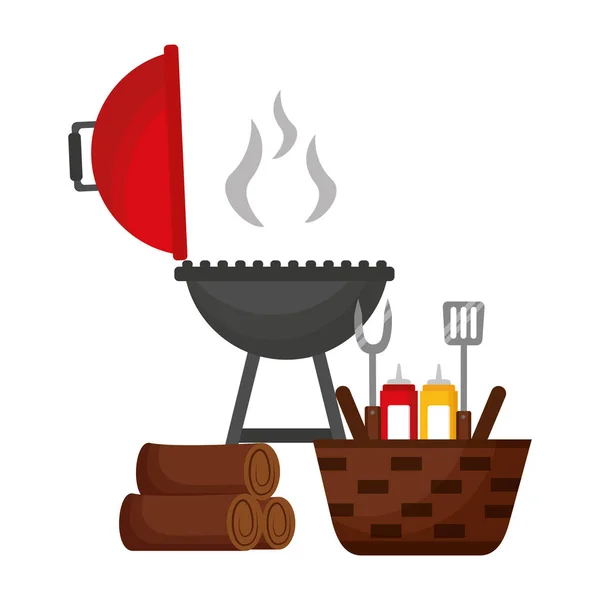 Panier en osier barbecue ustensiles en bois grill — Image vectorielle