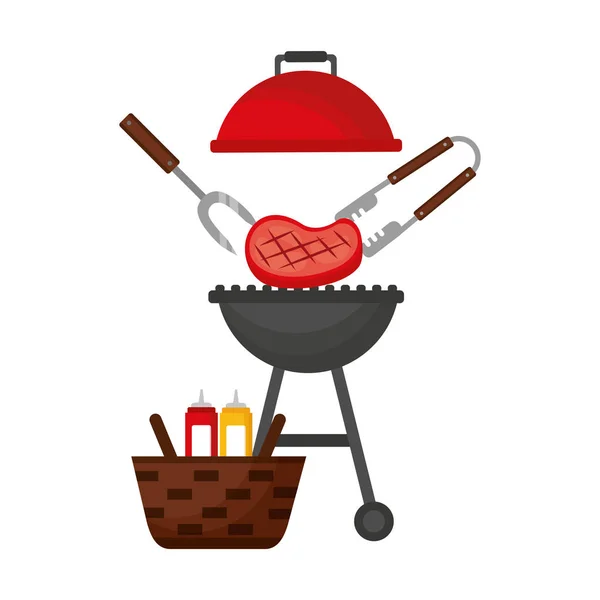 Barbacoa parrilla filete y cesta de picnic — Vector de stock