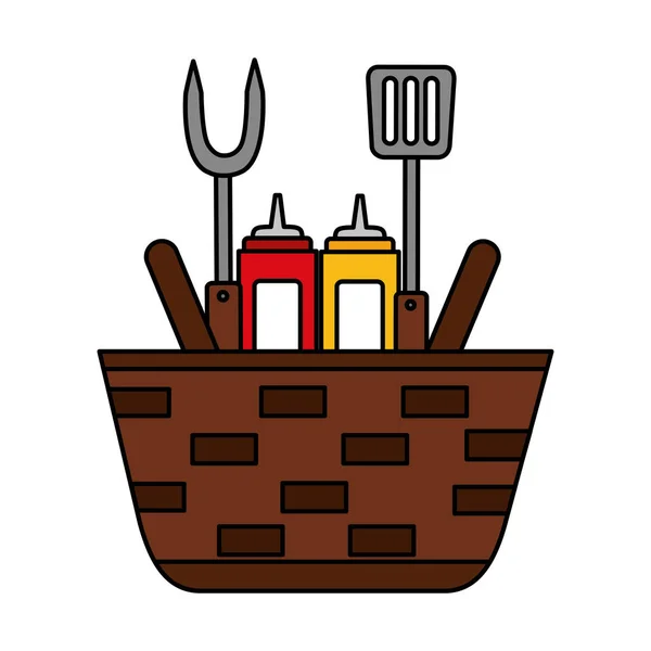Wicker basket sauces and utensils barbecue — Stock Vector