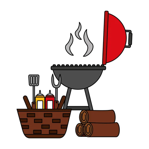 Cesto di vimini barbecue utensili in legno — Vettoriale Stock