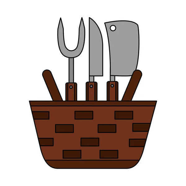 柳条篮叉和刀 — 图库矢量图片